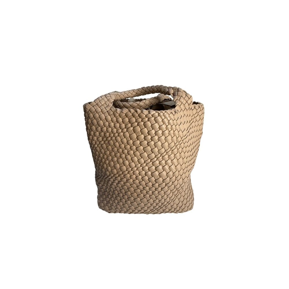 Handwoven Beige‎ Leather Tote Bag With Double Handles & Inner Pouch